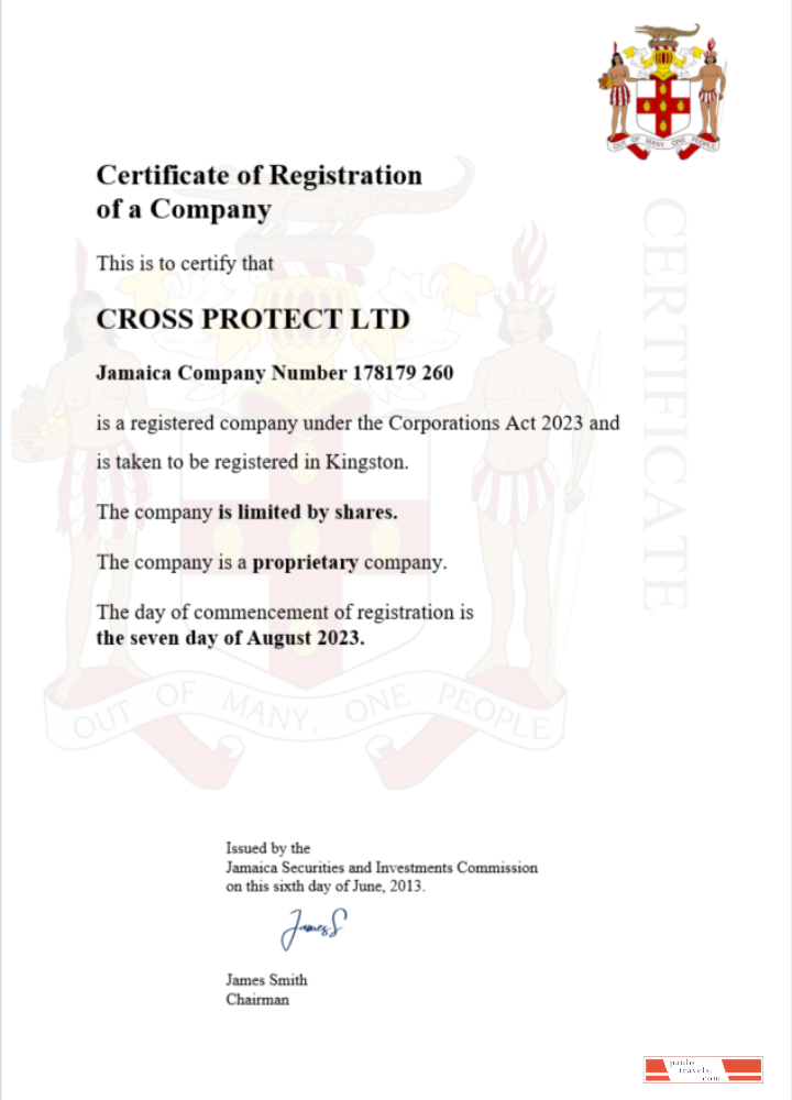 Jamaica certificate of registration Word and PDF template